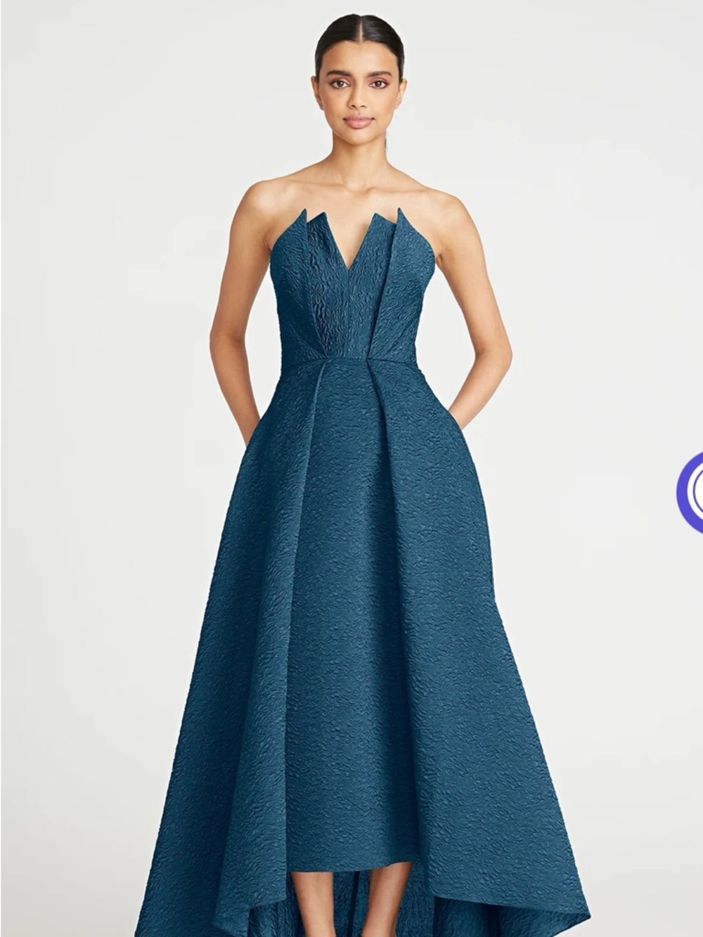 Theia Strapless Textured High-Low Gown in Deep Teal